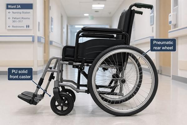 Wheelchair Tire Maintenance & Replacement Strategy for Medical Facilities 1 PU solid front caster and pneumatic rear wheel on hospital manual wheelchair
