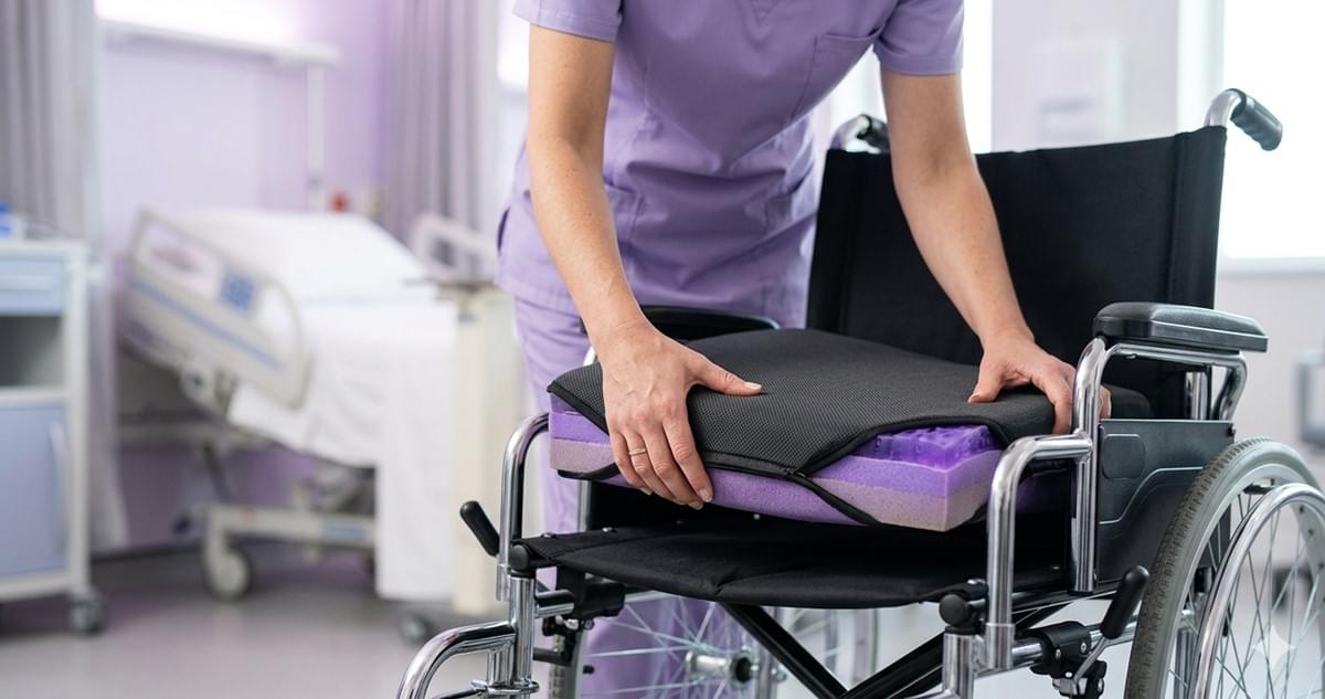 Caregiver placing new hybrid wheelchair cushion on manual wheelchair in hospital