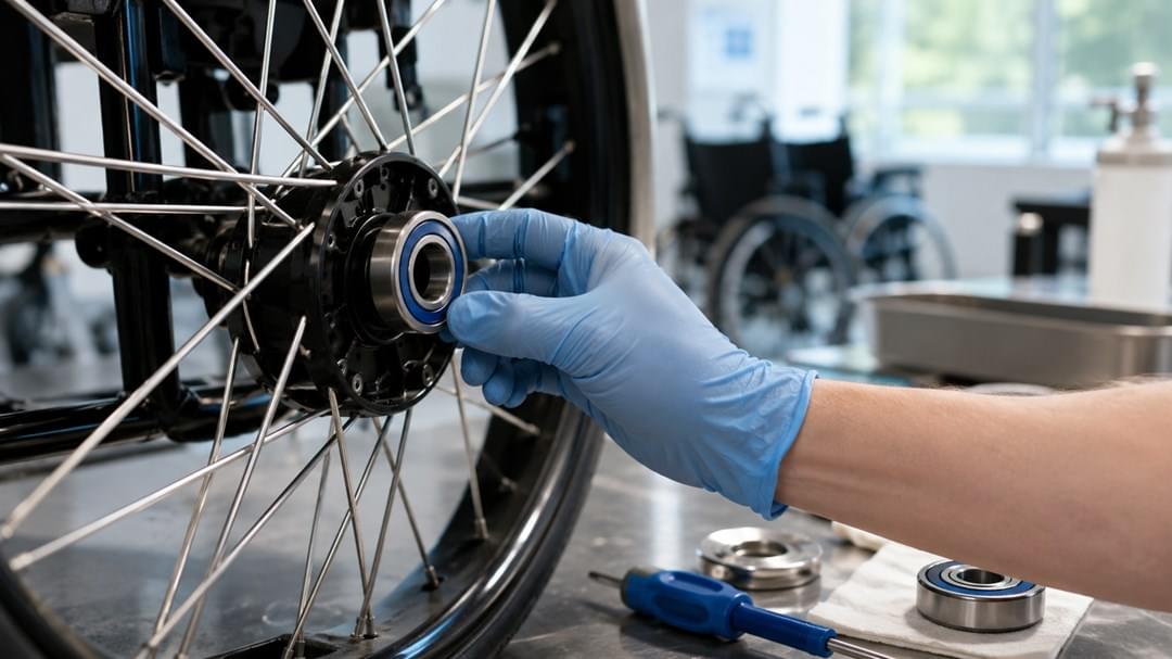 Stainless steel sealed bearing inspection on a manual wheelchair wheel hub — wheelchair bearing replacement guide